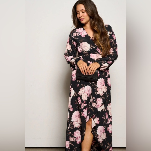 NWT Women's Long Sleeve Floral High Low V-Neck Flowy Party Long Maxi Dress - Picture 5 of 12